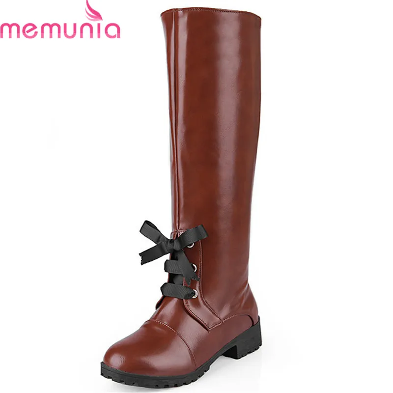 

MEMUNIA 2018 new arrival pu knee high boots women cross tied autumn winter boots round toe comfortable fashion casual shoes