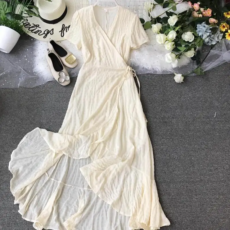 Женское пляжное длинное платье 2019 новое летнее Бандажное с коротким рукавом и v