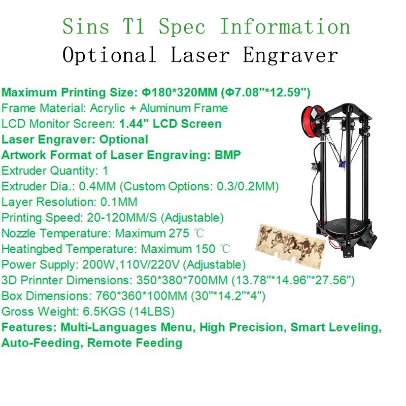 Sinis Delta 3d принтер Pully версия Автоматическая платформа плюс большой размер печати