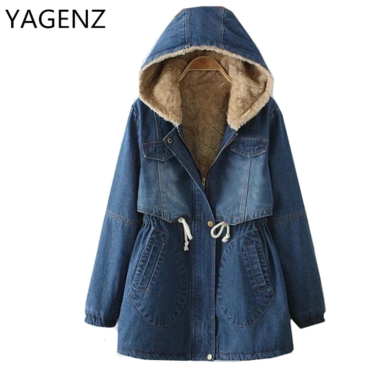 

Women Denim Jacket 2019 Korean Medium-long Plus Cotton Denim Hooded Lady Coat Plus size Casual Autumn Winter Female Denim Tops