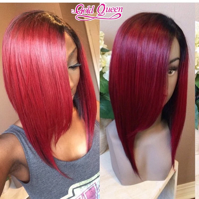 Glueless 1b Red Ombre Bob Full Lace Human Hair Wig Full Lace