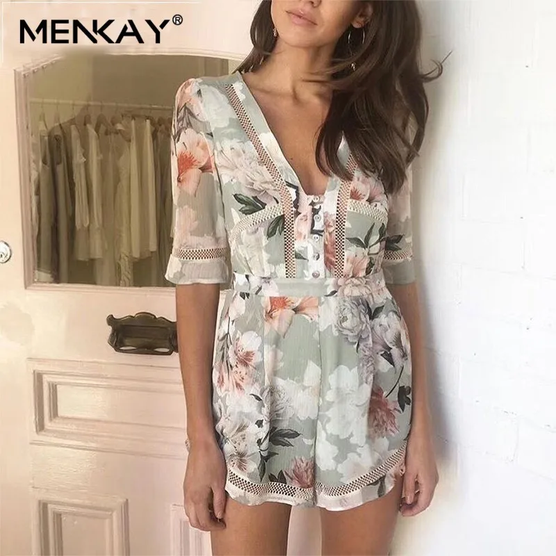 

[MENKAY] Elegant Print Women Playsuit V Neck Half Sleeve High Waist Hollow Out Wide Leg Shorts Female Fashion Summer 2019