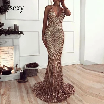 

Yesexy 2020 Summer Women Sexy Deep V Elegant Backless Women Dresses Sequin Bodycon Maxi Party Dress Vestidos VR8928