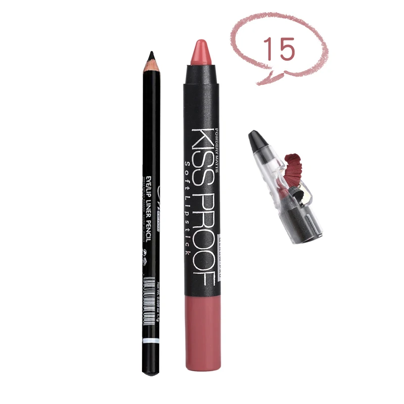 MENOW Brand Make Up Set Of Kiss Proof Lipstick With Sharpener And Waterproof Lasting Eyeliner Cosmetic Combination 5317/B - Цвет: 15