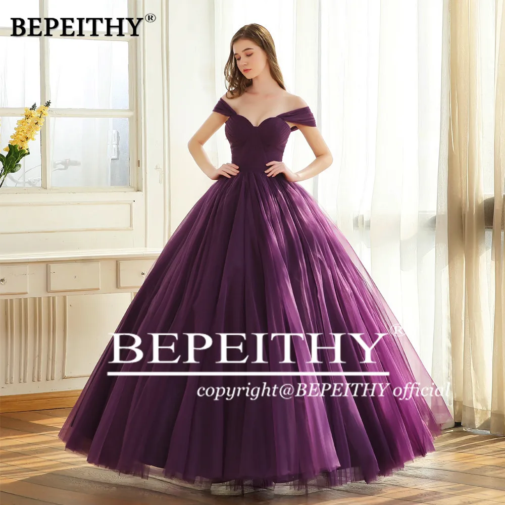 BEPEITHY Off The Shoulder Ball Gown Long Evening Dress Party Elegant 2022 Robe De Soiree Purple Princess Prom Dresses Sleeveless evening gowns for women