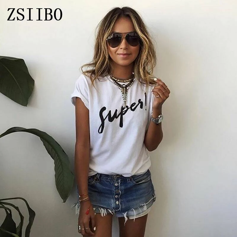 

ZSIIBO OCNVTX33 Spring Summer Short Sleeves T-shirts Casual Letter Printed White Tops Street Wear Female