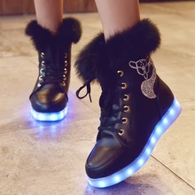 Детские светящиеся кроссовки светодио дный, женские зимние теплые меховые туфли с лисой и бриллиантами, светодио дный обувь со светодиодной подсветкой для мальчиков и девочек с подсветкой