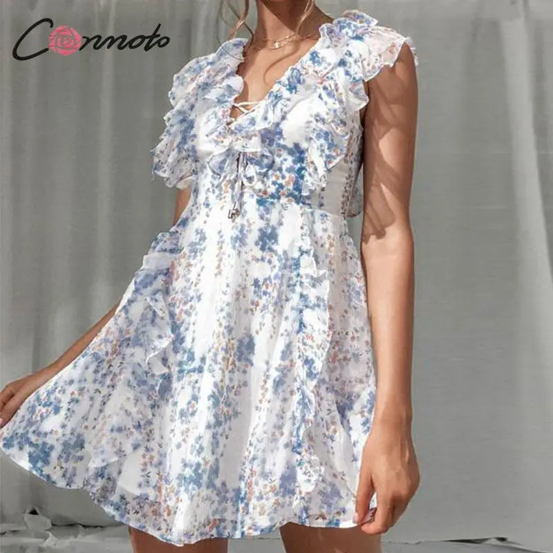 

Conmoto Ruffles Short Sleeveless Women Dress Bohemian Dress Female Floral Dresses Chiffon Beach Sexy Dress Vestidos