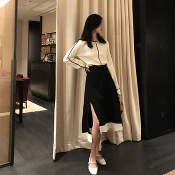 

Autumn And Winter fashion female temperament Mid-Calf skirt woman's pphome England Style skirt Patchwork knitting skirt