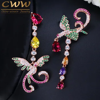 

CWWZircons Unique Multi Red Green Cubic Zirconia 585 Rose Gold Long Phoenix Drop Dangle Earrings for Women Wedding Party CZ086