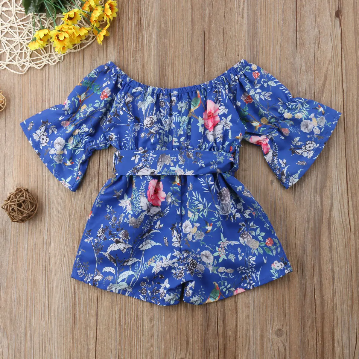 Повседневное одежда для малышей для девочек с открытыми плечами комбинезон цветочный талии лук комбинезон женский пляжный костюм летняя одежда