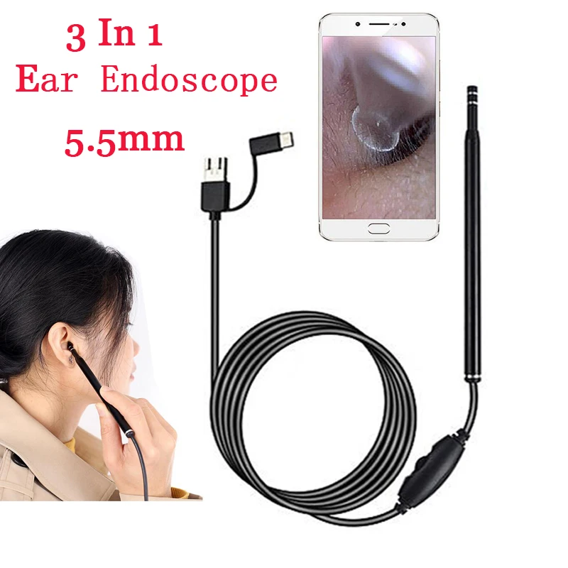 

5.5MM Ear Endoscope Camera Flexible USB Mini Camcorders IP67 Waterproof 6 LEDS Borescope Inspection Camera For Android PC