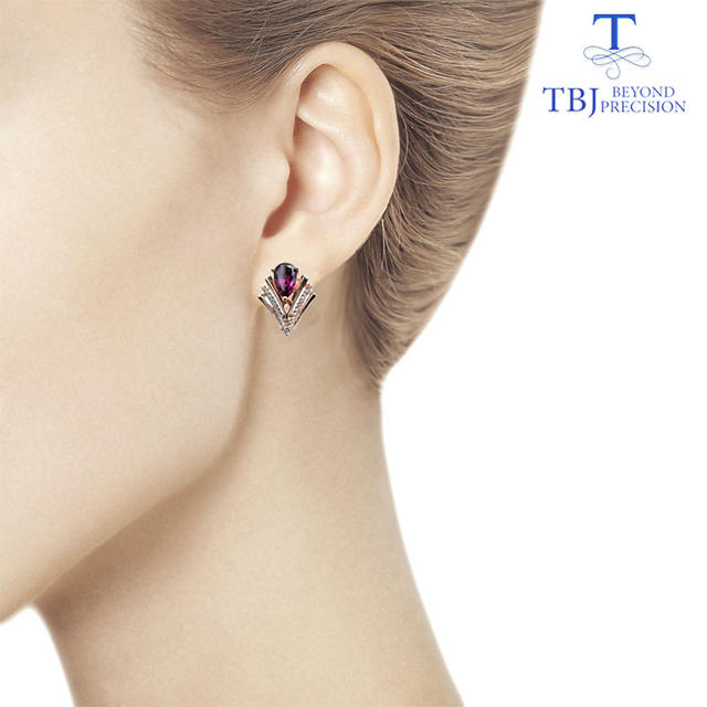 TBJ,Good Clasp earring with natural garnet rhodolite gemstone 925 sterling silver jewelry elegant design for women best gift box