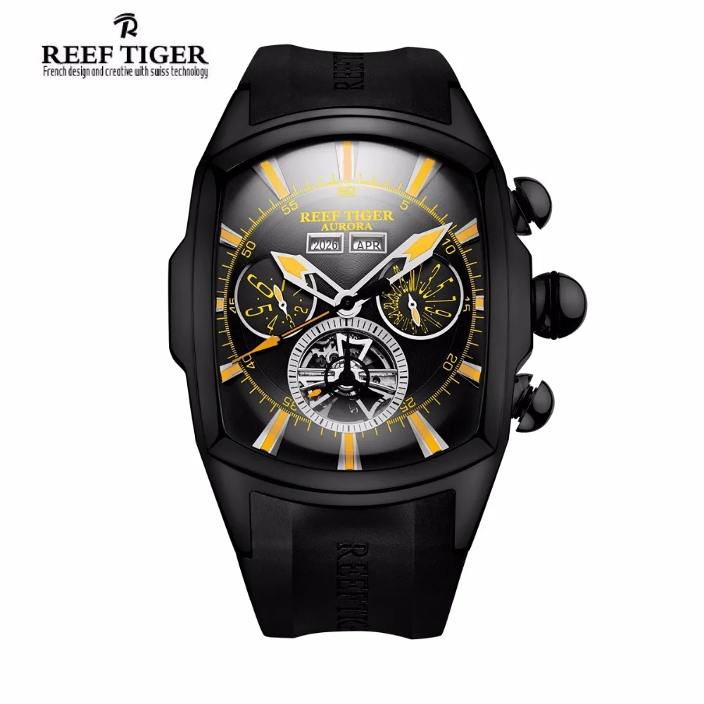 Бренд Reef Tiger повседневные спортивные часы для мужчин черный стальной резиновый