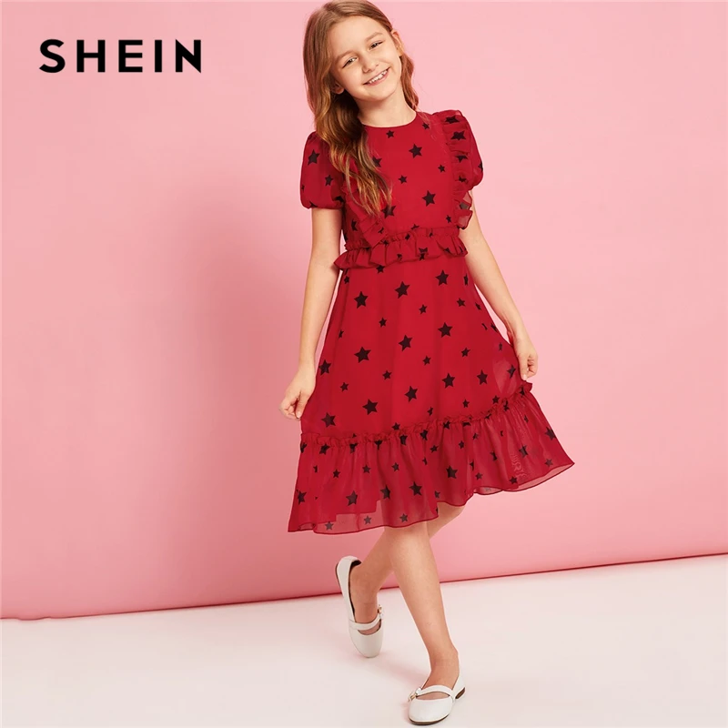 SHEIN/детское праздничное платье для девочек с принтом Красной звезды и оборками на подоле; коллекция года; милое летнее платье на молнии с рукавами-фонариками для подростков