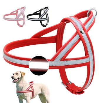

French Bulldog Dog Harness Soft Leather Large Dog Harness Reflective Pet Harnesse for Medium Large Dogs Red Pink Black
