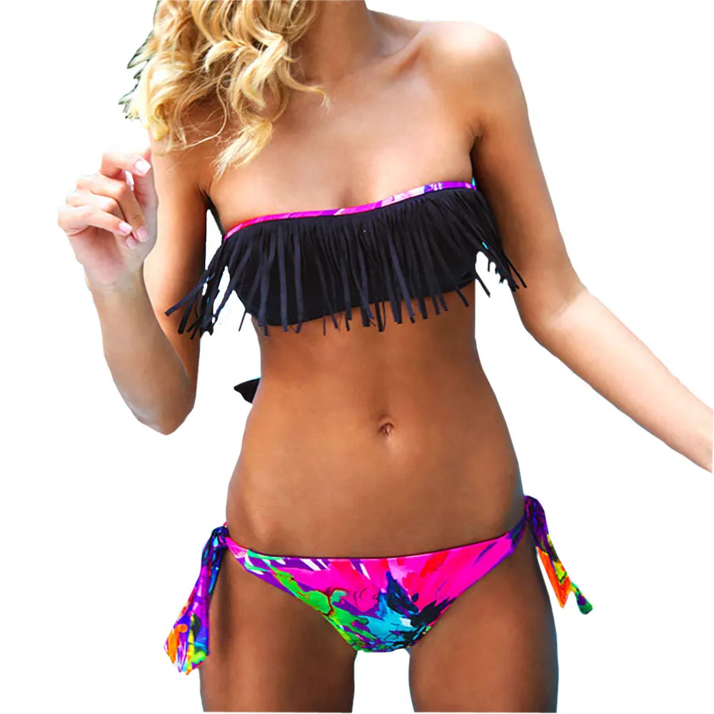 Women Bikini Set Solid Tassel Swimsuit Womail 2019 Beach Fringe Split