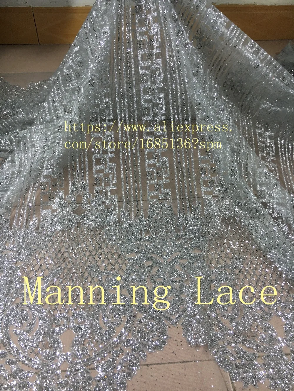 

Manning-88049 Hand print glued glitter mesh tulle african lace fabric for wedding dress in silver and gold color