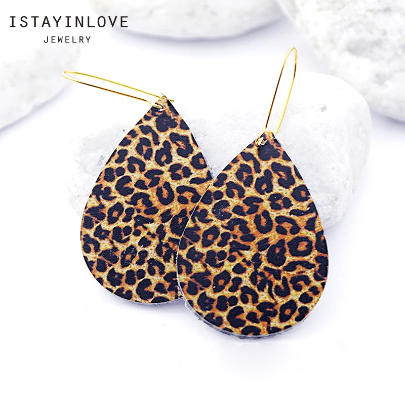 

ISTAYINLOVE JEWELRY Leopard Pattern Jewellery Genuine Leather Dangle Earrings Silver Gold Ear Hooks Boho Teardrop Die Cut LET08