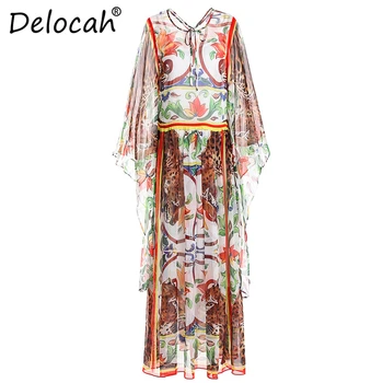 

Delocah 5XL Plus size Women Vacation Maxi Dresses Batwing Sleeve Vintage Chiffon Floral Animal Leopard Printed Long Dress
