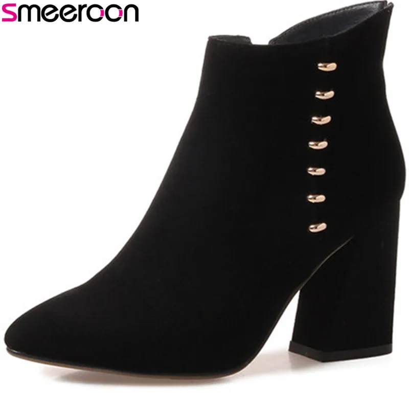 

Smeeroon fashion suede leather boots high heels ankle boots women autumn winter boots pointed toe zip party shoes