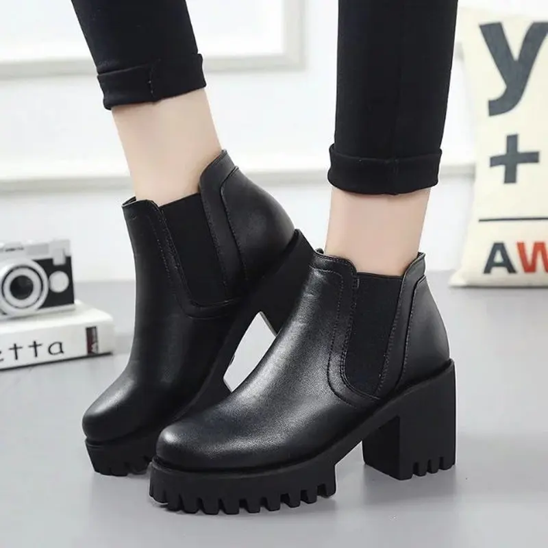 

Winter Ankle Boots for Women Shoes Woman Black Leather Boots Women Platform Thick Sole Square High Heels Slip On Womens Boots