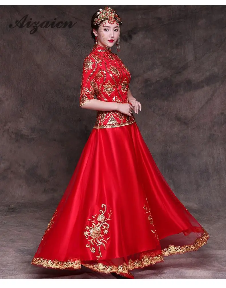 Vestido de boda bordados ordinentales vestidos de novia rojo Cheongsam традиционный Traje de las mujeres Chinoies vestido винтажный