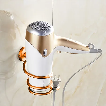 multi color bathroom organizer Hair Dryer Rack Aluminum home Wall mounted Holder Shelf Storage stand hooks drop shipping - Цвет: gold