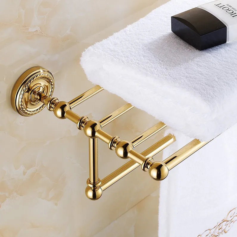 Luxury Gold Color Brass Wall Mount Shelf Towel Rack Bath Rails Hanger Storage Towel Bars Holder Bathroom Accessories ZD766