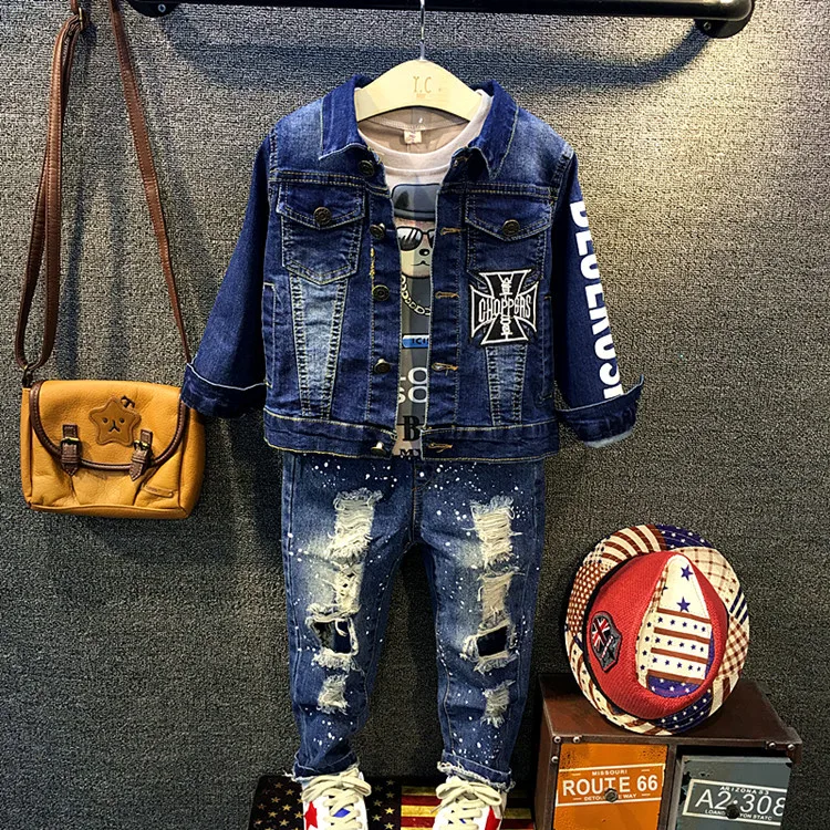 

3pcs kids boys autumn clothing set denim blue letter printed jacket cartoon hoodies and holes fashion jean set children clothes