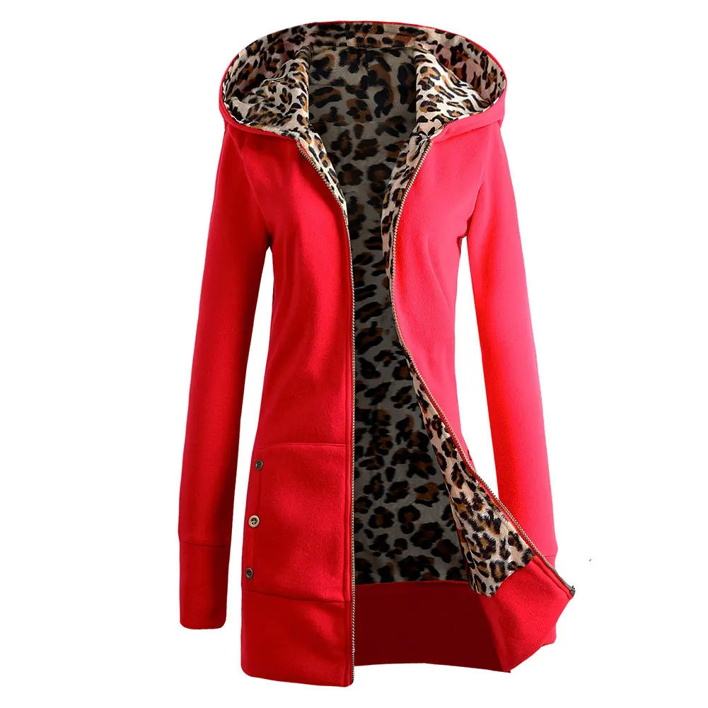 XUANSHOW женщины зима рыхлый Куртка с капюшоном Сгущать бархат Длинный рукав Фуфайка толстовки леопард пуловер Женщины пальто