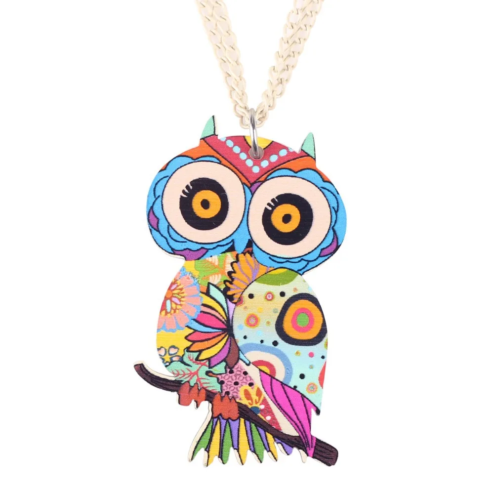 

Bonsny Owl Necklace Pendant Long Acrylic Pattern Hot Fashion Jewelry For Women Girl Party Cute Animal Collar Accessories