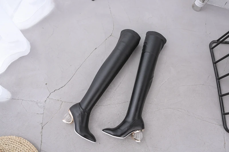 REAVE CAT NeW Women Thigh High Boots clear thick high heels PU leather slim leg over the knee boots long booties