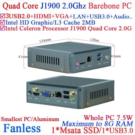 Single LAN Intel J1900 Baytrial Fanless Nano PC/system support WIFI/3G Barebone PC