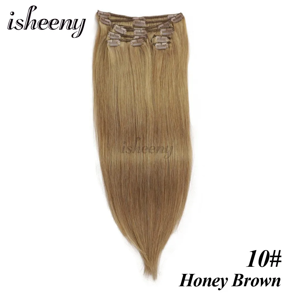 Isheeny, человеческие волосы Remy на заколках для наращивания, рояль, блонд, 4#27#, двойной уток, бразильские волосы на заколках, набор на всю голову - Цвет: 10
