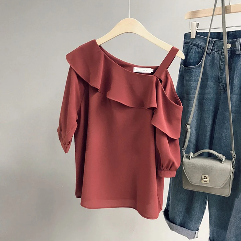Spring and summer new style ne-shoulder strap off-shoulder ruffle collar shirt Short sleeve chiffon shirt