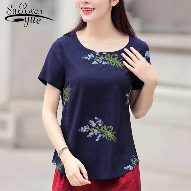 

summer plus size cotton linen women blouse shirt fashion 2019 embroidery women tops short sleeve women's clothing blusas D823 30