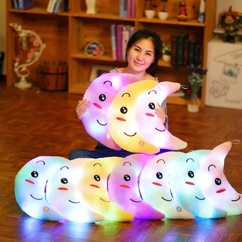 

New 35cm Colorful Moon Shape Plush Toys Luminous Glowing LED Light Pillow Soft Stuffed Lovely Kids Toy Birthday Gift