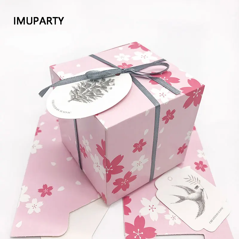 

10pcs/set Cherry Blossoms Flamingo Candy Boxes Wedding Birthday Party Favors Package with ribbon Tags Cube Paper Gift Box