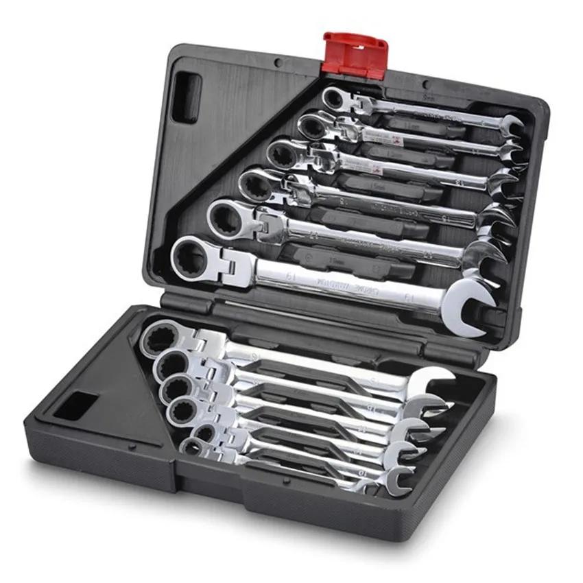 

1PC Flexible head 8mm-19mm 12units mirrow polish chromed ratchet ring spanner tool set