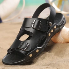 Популярные мужские сандалии из натуральной кожи с пряжкой; коллекция года; сезон лето; удобные уличные шлепанцы двойного назначения; Мужская модная пляжная обувь; большие размеры