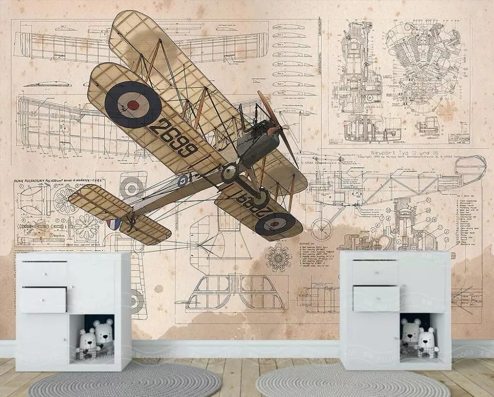 Настенные обои от beibehang рисованная мультфильм ретро самолет истребитель парящий фон Настенный декор для комнаты мальчика 3d обои