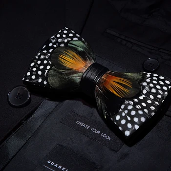 

JEMYGINS Original Design Bow Tie Natural Bird Feather Bow Handmade Leather Bow Tie Brooch Wooden Box Wedding Party Groomsmen