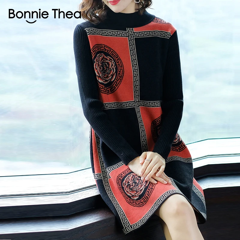 Женское вязаное платье свитер Bonnie Thea черные вечерние платья с высоким воротником