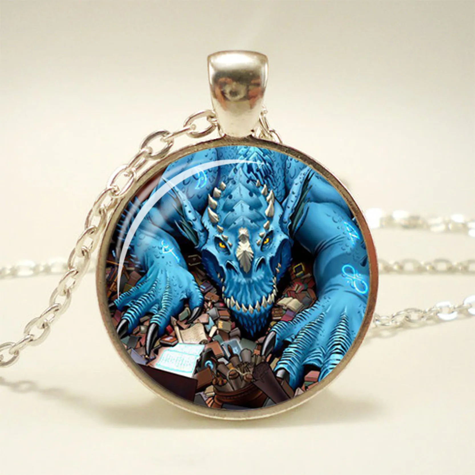 

Fashion Silver Plated Dragon Necklace Glass Dome Handmade Long Art Jewelry Necklace Charm Dragon Fantasy Female Jewelry