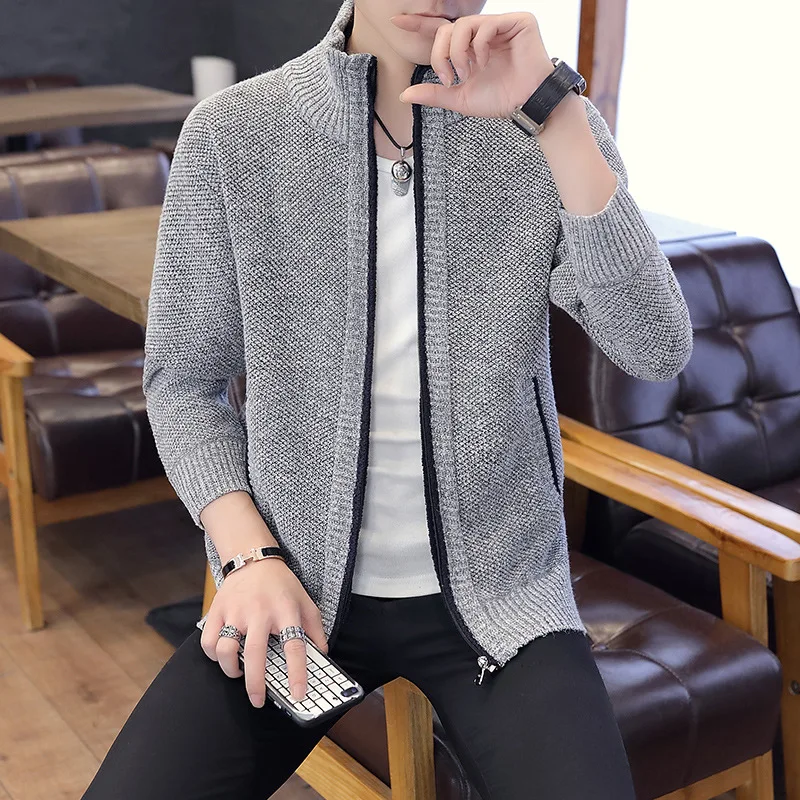 

HO new men's 2018 knitting cardigan long-sleeved casual pure color men's sweaters fall thick and fluffy