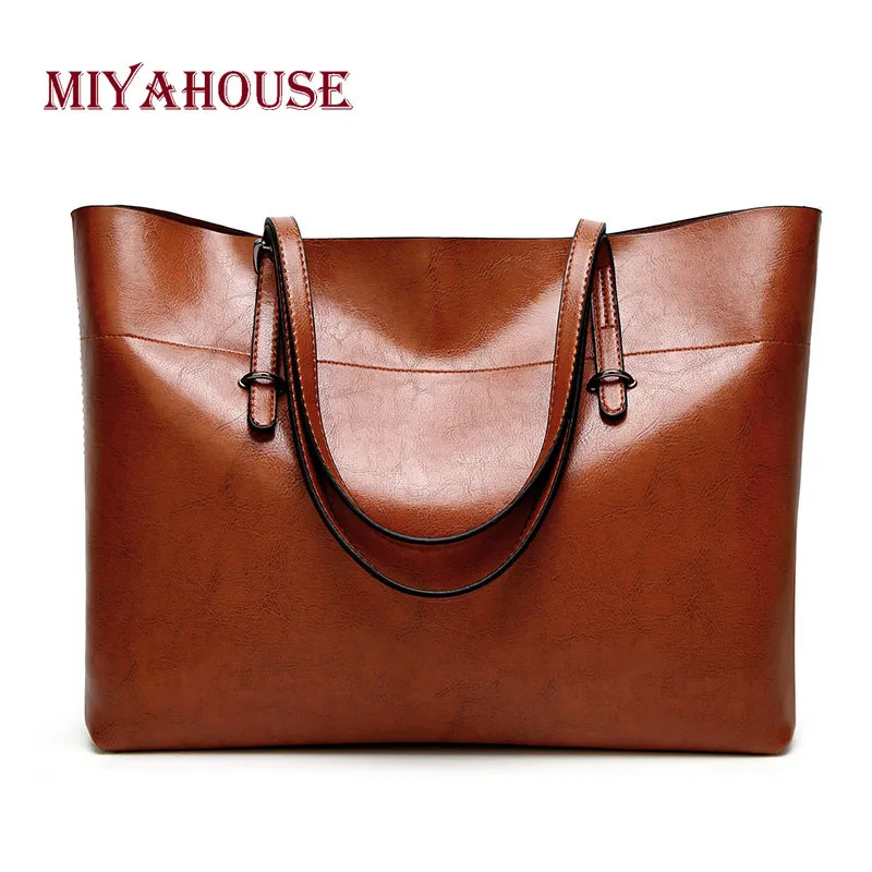 

Miyahouse Solid Color Leather Shouder Bags Woman Business Simple Tote Handbag Large Capacity Oil Wax Leather Female Handbag