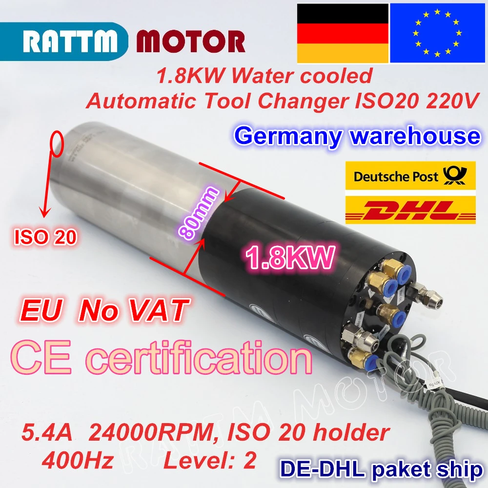 1.8KW ATC Автоматическая замена инструмента с водяным охлаждением мотор шпинделя ISO20 Постоянная мощность Электрический шпиндель для фрезерного станка с ЧПУ