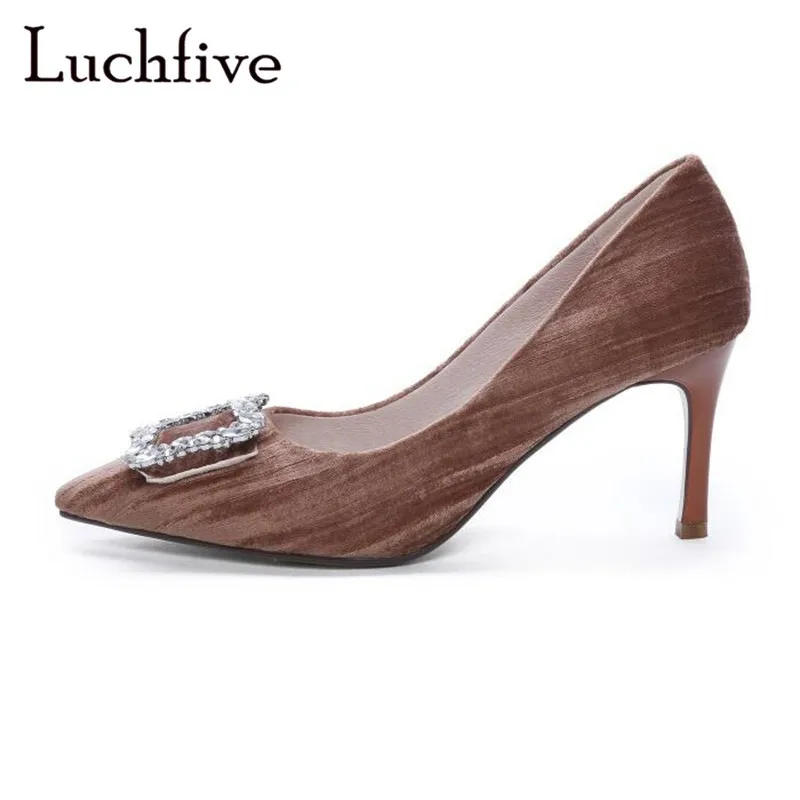 

Rhinestone Velvet Thin High Heels Women Pumps Genuine Leather Pointy Toe Shoes Woman Brown Slip On Crystal Zapatos Mujer