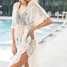 Women Lace Hollow Crochet Swimwear Bikini Half Sleeve Cover Up Beach Dress Sarongs Kaftan stylish strapless crochet hollow women s cover up dress